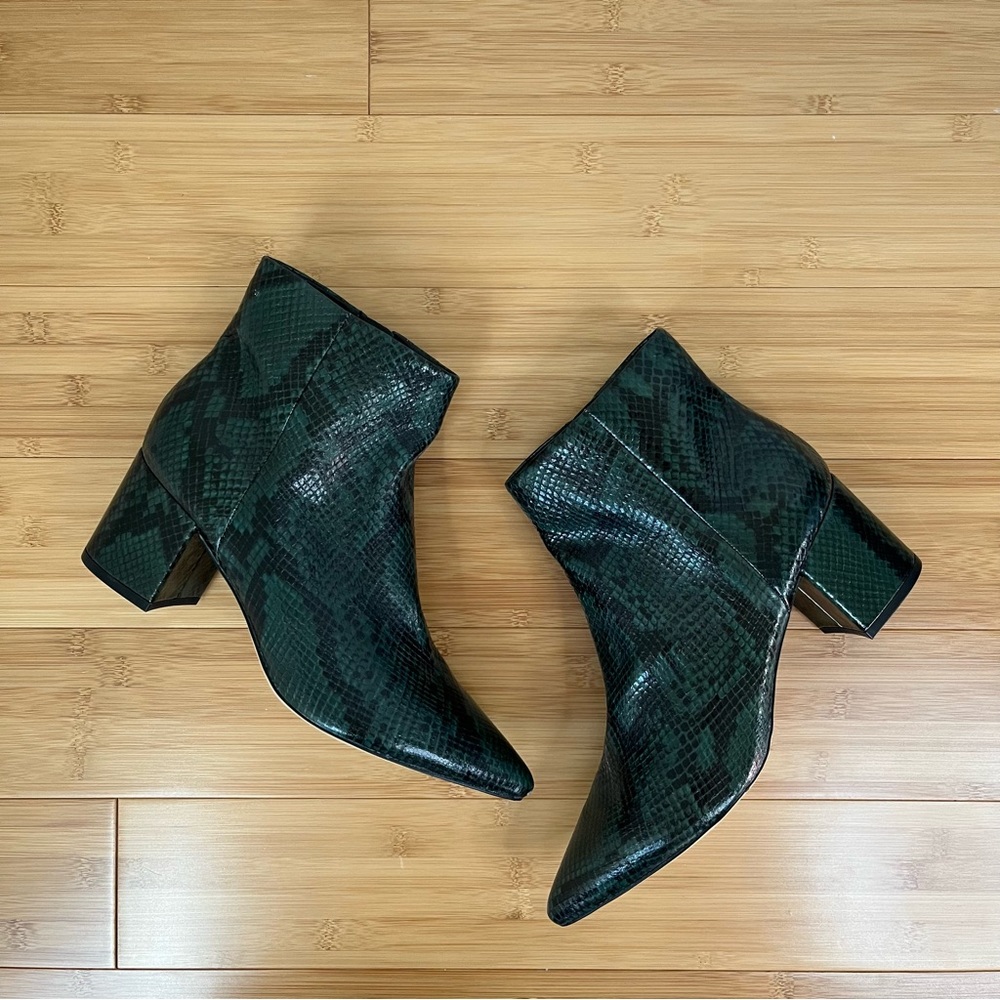 Marc Fisher Vegan Leather Black and Green Snakeskin Print Jelly 3 Booties - 9